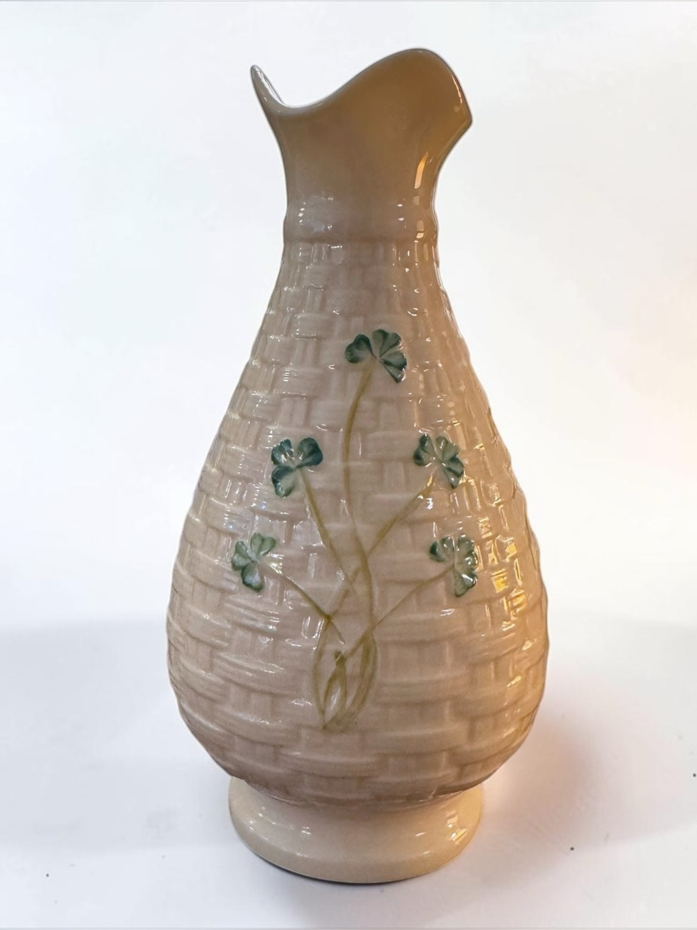 Vintage Beleek Ireland Shamrock Basketweave Porcelain Vase Cream